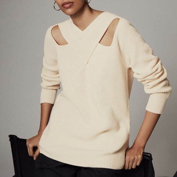 COS Cut-out Jumper M 100% Organic Cotton Draped Panel Sweater Cream Ivory $115 - Picture 4 of 16